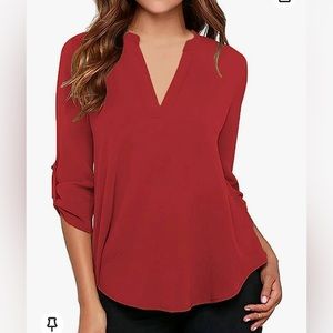 roswear Women's V-Neck Casual Blouse Tops with Cuffed Sleeves Sz S Red Color